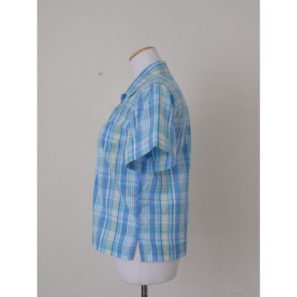 Vintage 90s White and Blue Cotton/Poly Plaid‎ Button Down Blouse - Picture 2 of 10